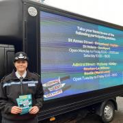 Inspector Laura Leach, Merseyside's deputy lead for Serious Violence and Knife Crime in Birkenhead Town Centre beside the knife surrender message van today (Tuesday, May 14)