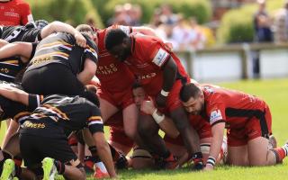 Hartpury and Caldy lock horns during the Ravers' 57-36 defeat