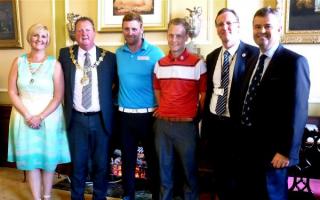from left to right, The Mayor and Mayoress, Cllr Steve Foulkes and Miss Elaine Nolan, John Singleton, George Nicholson, Cllr Phil Davies, Leader of Wirral Council, and Nick Peel, chairman of championship committee at Royal Liverpool Golf Club, Hoylake.