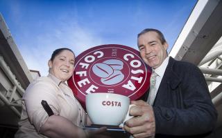 Costa Manager Sam Heustice with Derek Millar, commercial director for Pyramids Shopping Centre