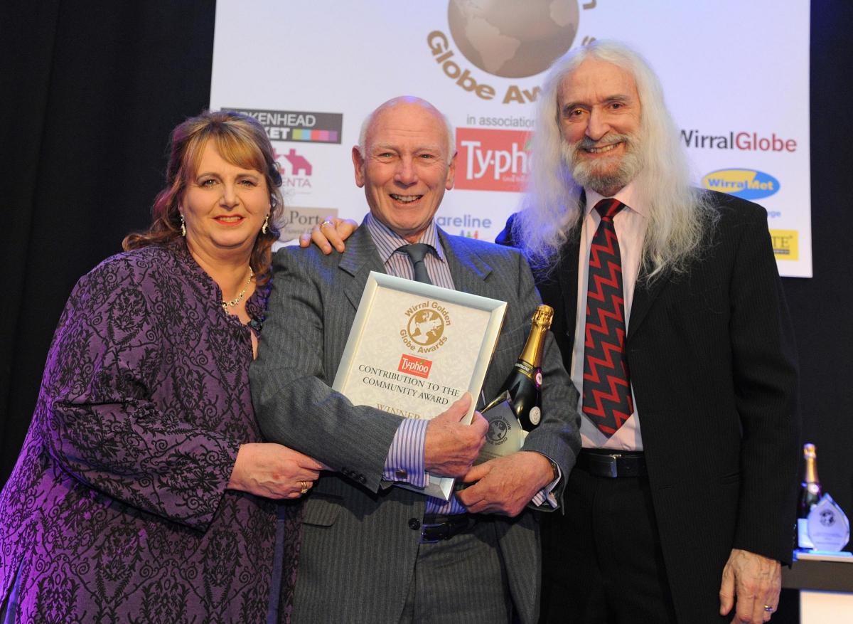 John Earp, winner of the Contribution to the Community Award with sponsor Susan C Porter of Independent Funeral Directors and Wirral singing star Charlie Landsborough.