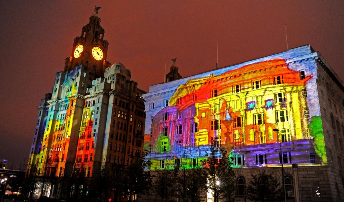 The three Liverpool graces  awash with colour for the visit of the Cunard cruise ships