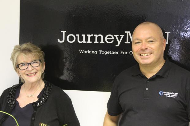 Pauline Daniels with JourneyMEN CEO Phil Roberts at the organisation's premises in Birkenhead.  Picture:  Harry Leahey