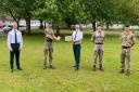  Lee Brooks, director of Operations at the Welsh Ambulance Service, commanding officer 1 RIFLES Lt Col Mark Shercliff, chief executive at the Welsh Ambulance Service , Jason Killens, Joint Military Command Wales and Senior Military Liaison Officer Maj Chr