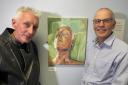 John Hyatt (left), Prof Simon Rogers (right) with John’s post-surgery self-portrait called ‘The Stoic’