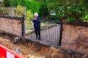 Mrs Joan Bibby stranded by her front gates