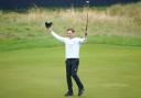 Matthew Jordan celebrates after getting a birdie on the 18th green during day four of The Open at Royal Liverpool, Wirral.
