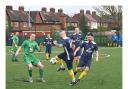 Danny Edwards (Green kit closest player on left) who scored for Mersey Royal Vets