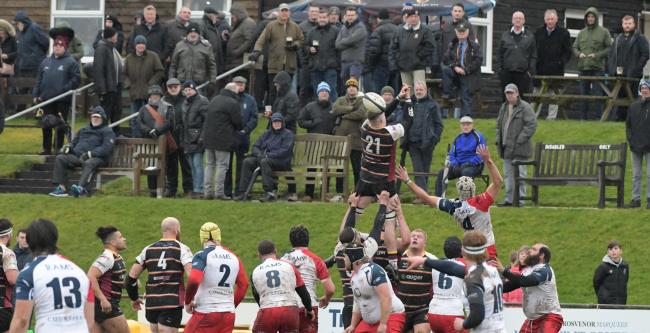 Action from high-flying Caldy's 20-3 victory against Rams at Paton Field in National 1. Photo: Barry McDonnald