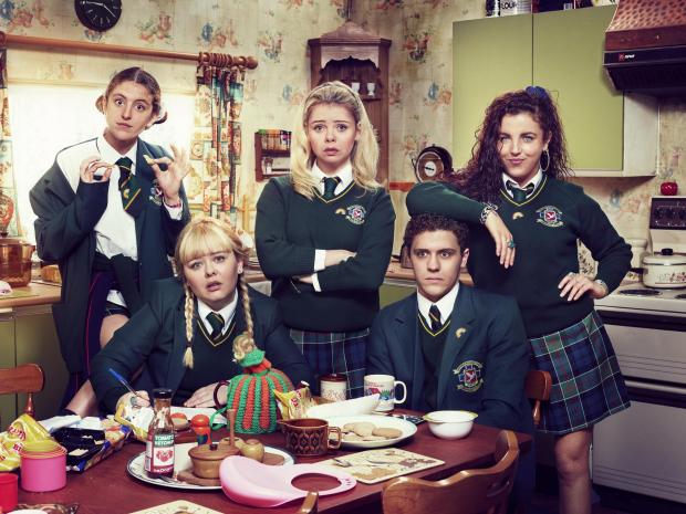 Wirral Globe: (left to right) Orla (Louise Harland), Clare (Nicola Coughlan), Erin (Saoirse-Monica Jackson), James (Dylan Llewellyn) and Michelle (Jamie-Lee O'Donnell) from Derry Girls. Credit: Hat Trick/ Channel 4 / PA