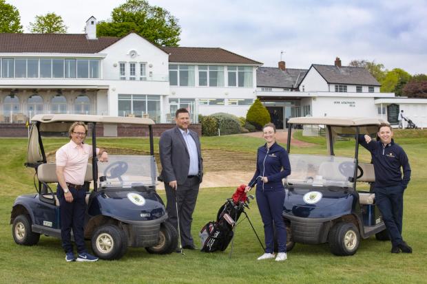 Wirral Globe: Iron lady – European Tour pro Rachael Goodall at Heswall Golf Club with, from left, her partner, Jason Dransfield, assistant professional at Heswall Golf Club, and James Parry and Dan Boden, of sponsors Hadlow Edwards Wealth Management. Picture by Mandy Jones Photography