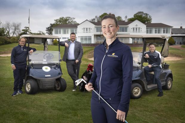 Wirral Globe: Iron lady – European Tour pro Rachael Goodall at Heswall Golf Club with, from left, her partner, Jason Dransfield, assistant professional at Heswall Golf Club, and James Parry and Dan Boden, of sponsors Hadlow Edwards Wealth Management. Picture by Mandy Jones Photography