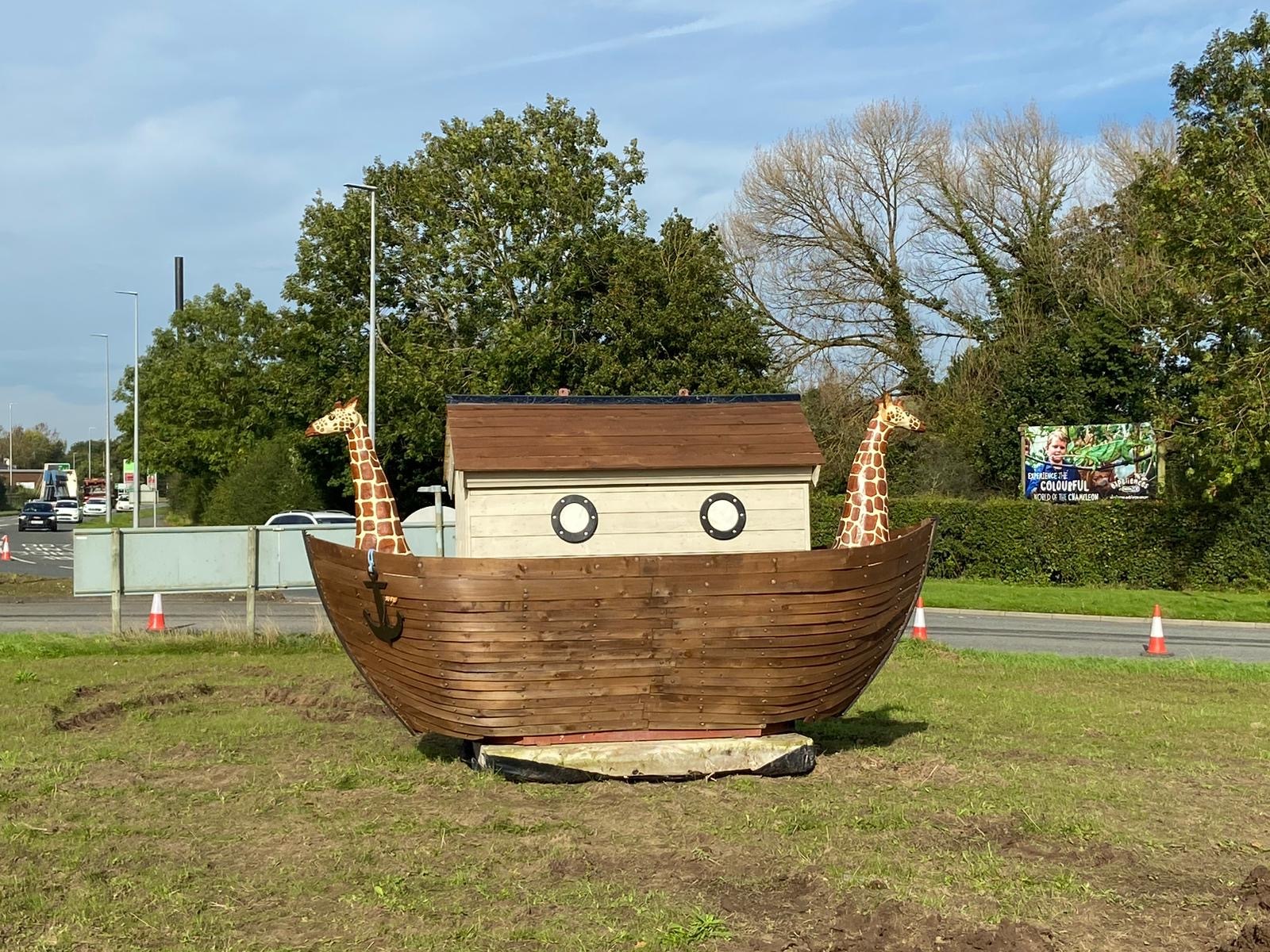 The Noahs Ark has returned to the roundabout outside Chester Zoo following its renovation.