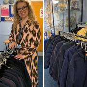 Mrs Roberts with the 'pre-loved' clothing rail.