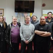 The group of novice comedians taking part in comedy night for Wirral Mencap on March 28 Left to right: Alex Dearden, Cassie Lewis, Kevin McArdle, Graham Walker, Jeff Ollerhead, Ben Duggan, Jack Miller (professional comedian) and John Murray.