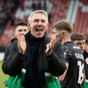 Tranmere boss Nigel Adkins celebrates after Rovers' 1-0 win at Wrexham
