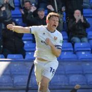 Connor  Jennings celebrates during Tranmere's 3-2 victory over AFC Wimbledon