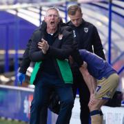 An animated Nigel Adkins on the touchline during Tranmere's 3-2 win over AFC Wimbledon