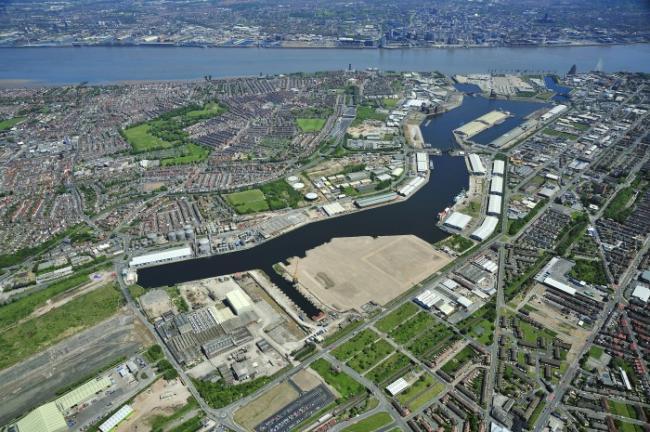 Helicopter view of Wirral's docklands where more than 1,000 new homes are planned