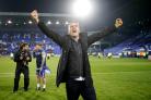Bury manager Ryan Lowe celebrates after the final whistle during the Sky Bet League Two match at Prenton Park, Tranmere..